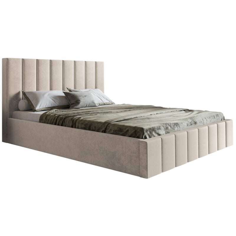 Lit 160x200 cm Moris - Tiroir de Lit, Tissu Velours & Sommier - Moderne Lit Double Chambre à coucher (Beige - Jasmine 21)