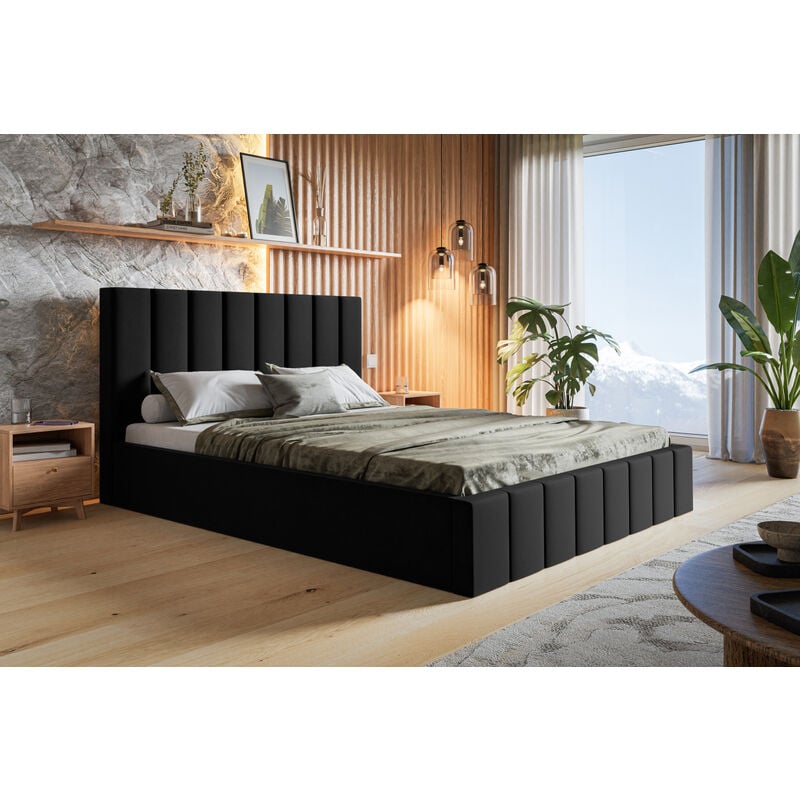 Lit 160x200 cm Moris - Tiroir de Lit, Tissu Velours & Sommier - Moderne Lit Double Chambre à coucher (Noir - Jasmine 100) - Noir