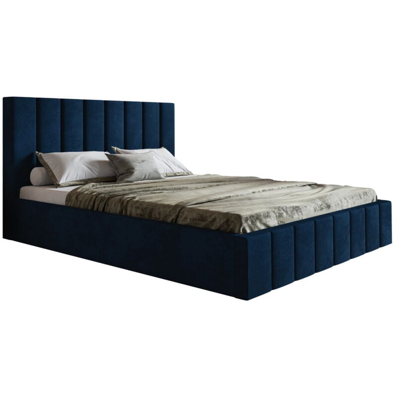 Lit 180x200 cm Moris - Tiroir de Lit, Tissu Velours & Sommier - Moderne Lit Double Chambre à coucher (Bleu - Kronos 09)