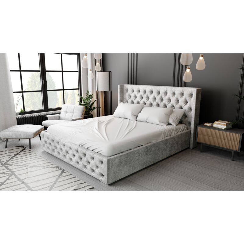 Rolia Lit glamour 200x200 cm, Lit adulte avec rangement, Tissu Gris (Paros 05)