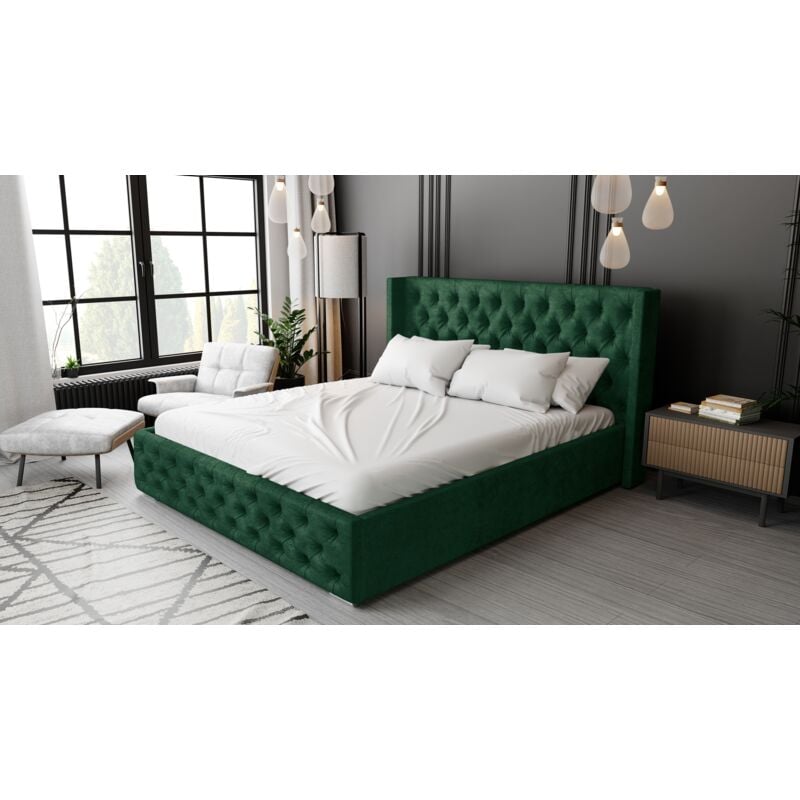 Rolia Lit glamour 160x200 cm, Lit adulte avec rangement, Tissu Vert (Kronos 19)