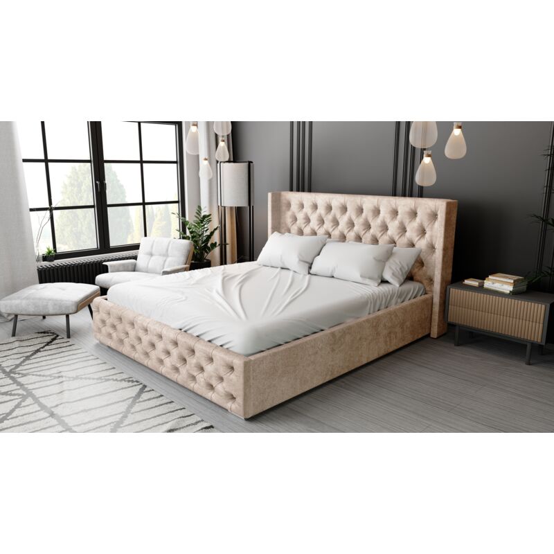 Rolia Lit glamour 200x200 cm, Lit adulte avec rangement, Tissu Beige (Paros 02)