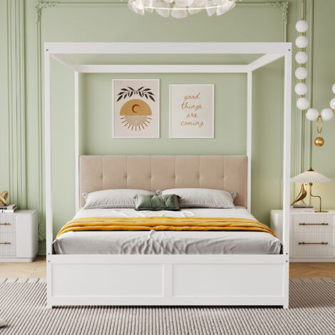 Lit Tente 140x200 cm avec Structure Métal - Dossier Rembourré - 2 Tiroirs Sous-Lit - Compatible Moustiquaire - Blanc