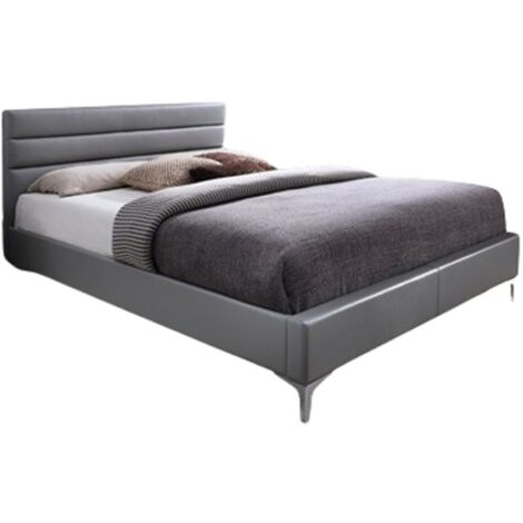 Lit THOMAS 160x200 cm en simili cuir, coloris gris, sommier inclus - Gris