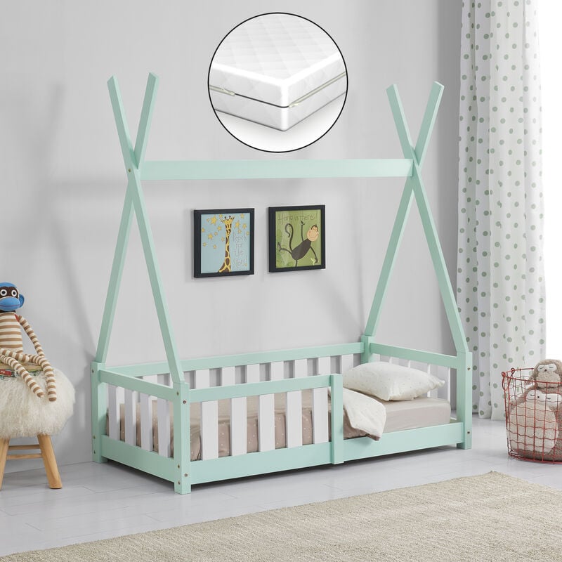 [en.casa] - Lit Tipi avec Matelas Orthopédique Helsingborg Menthe 140 x 70 cm