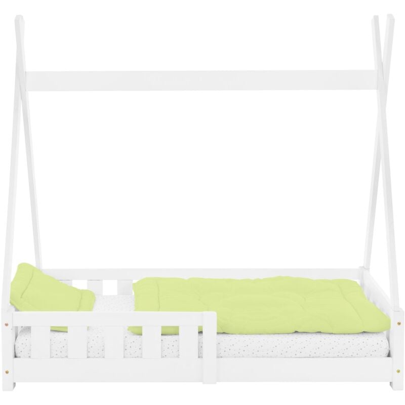 Lit d'Enfant Tipi Blanc avec Protection Contre les Chutes en Bois de Pin Massif 140x70 cm Sommier á Lattes et Grille de Sécurité Style Maison Lit