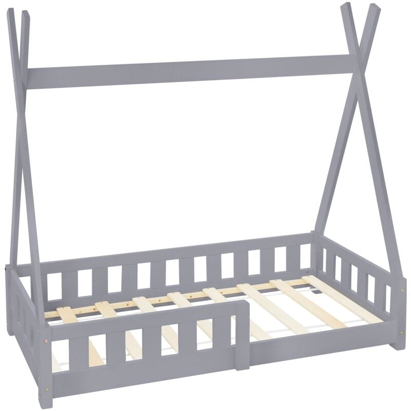 Ml-design - Lit d'Enfants Tipi Gris Clair avec Protection Contre les Chutes en Bois de Pin Massif 140x70 cm Sommier á Lattes et Grille de Sécurité