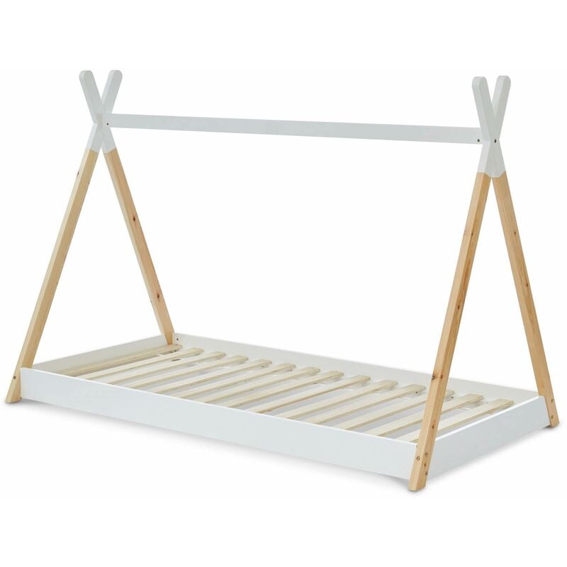 Lit Tipi en bois massif. pin naturel blanc - sommier inclus. 90x190cm - Tobias