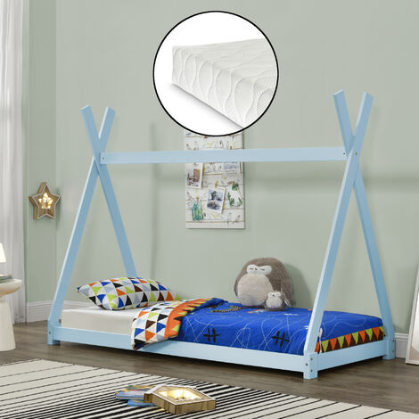Lit Tipi Pour Enfants Avec Matelas Mousse à Froid Onejda Bleu 200 x 90 cm [en.casa]