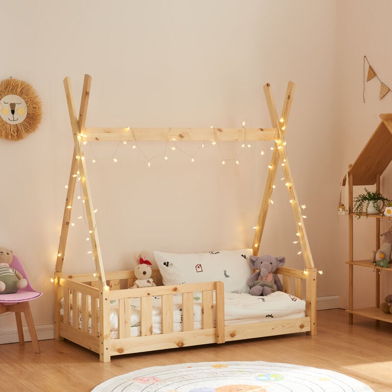 [en.casa] - Lit Tipi pour Enfants Helsingborg avec Grille de Sécurité Pin 140 x 70 cm naturel