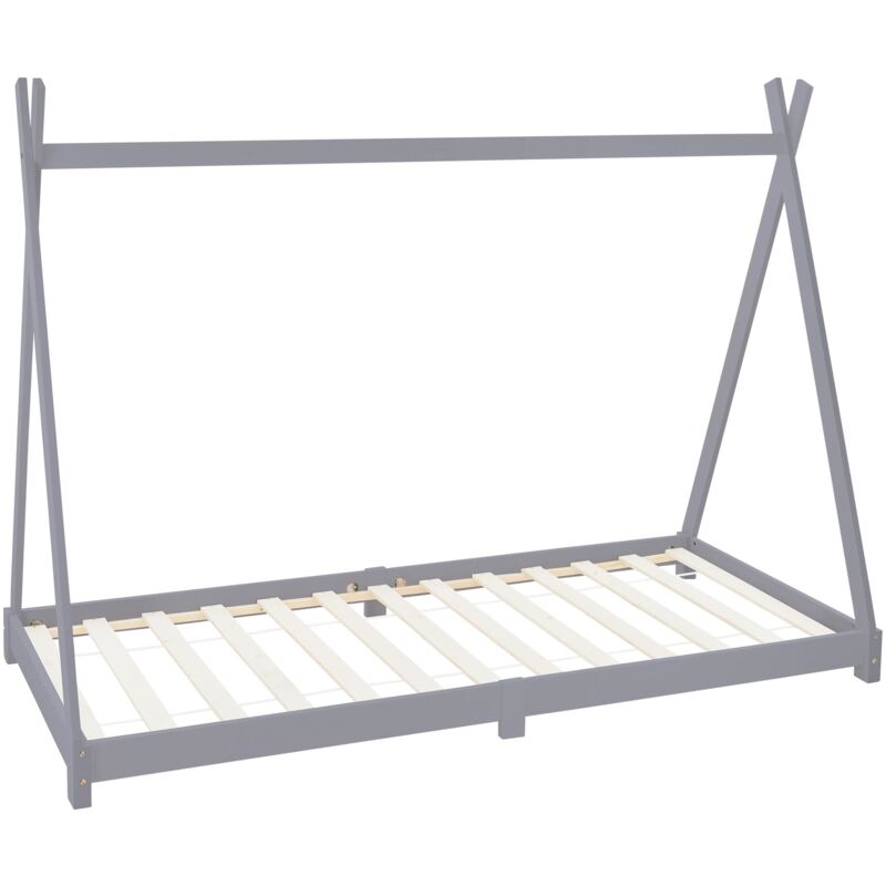 Lit d'Enfants Tipi 90x200 cm avec Sommier à Lattes, Bois Massif, Gris Clair, Lit Tente Indien, Cadre Lit pour Fille et Garçon, Stable, Robuste, Lit