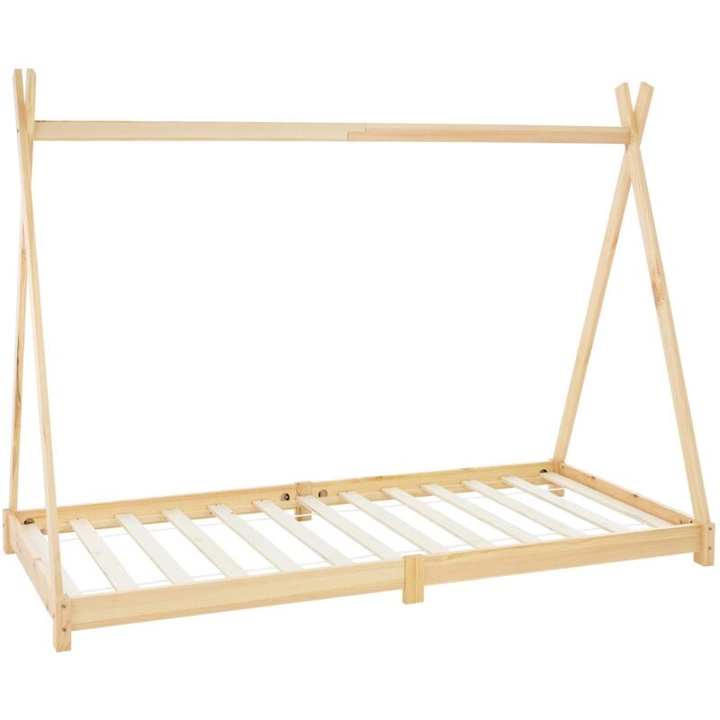 Ml-design - Lit d'Enfants Tipi 90x200 cm avec Sommier à Lattes, Bois Massif, Naturel, Lit Tente Indien, Cadre de Lit pour Fille et Garçon, Stable,