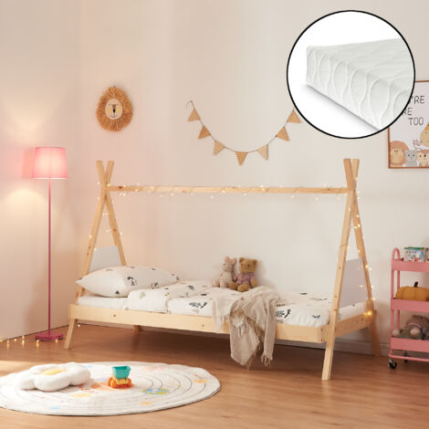 Lit tipi Siikajoki avec matelas bois de pin 90 x 200 cm naturel blanc [en.casa]