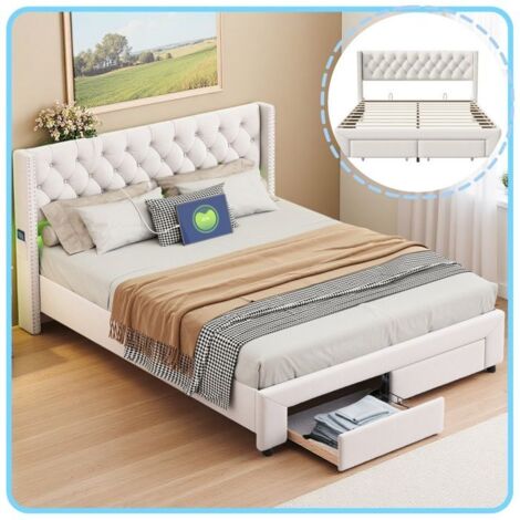 Lit Tiroir - 140x190 cm - Bande Lumineuse RGB - Chargeur USB - Tissu Velours Beige