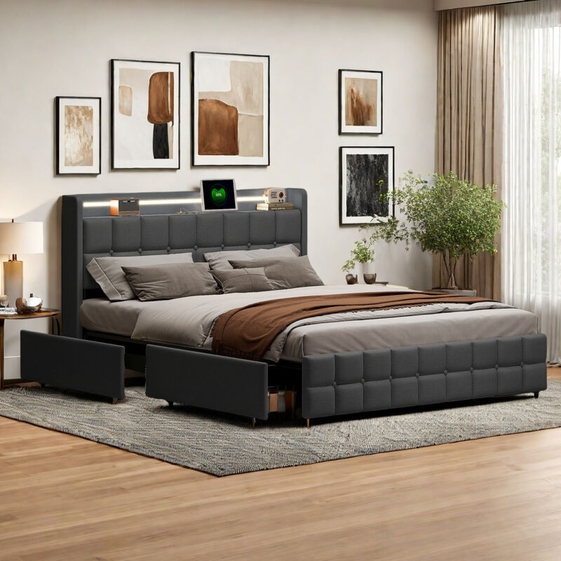 Lit tiroir 160x200 cm, lit double avec 4 tiroirs, lit double capitonné, lit adulte avec led, lit 2 places rembourré avec chargement usb, sommier à