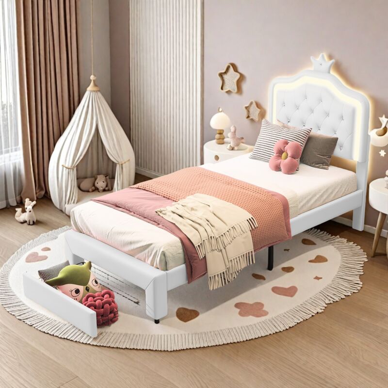 Lit simple avec tiroirs 90x200 cm - tissu simili cuir, tête de lit avec couronne, lit enfant avec éclairage LED et 1 tiroir de rangement, cadre de