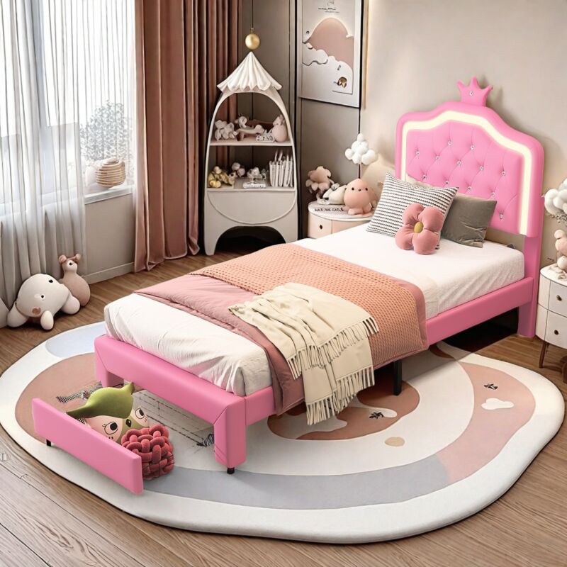 Lit simple tiroirs 90x200 cm - Tête de lit couronne de princesse, lit enfant éclairage led et 1 tiroir, sommier à lattes, style scandinave, simili