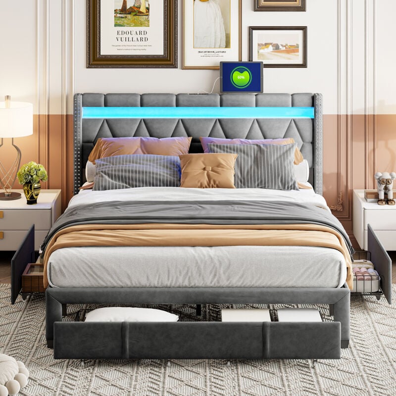 Lit tiroir avec LED, lit adulte 140x200 cm avec 4 tiroirs, lit double capitonné, lit 2 places rembourré avec chargement USB,sommier à lattes,motif