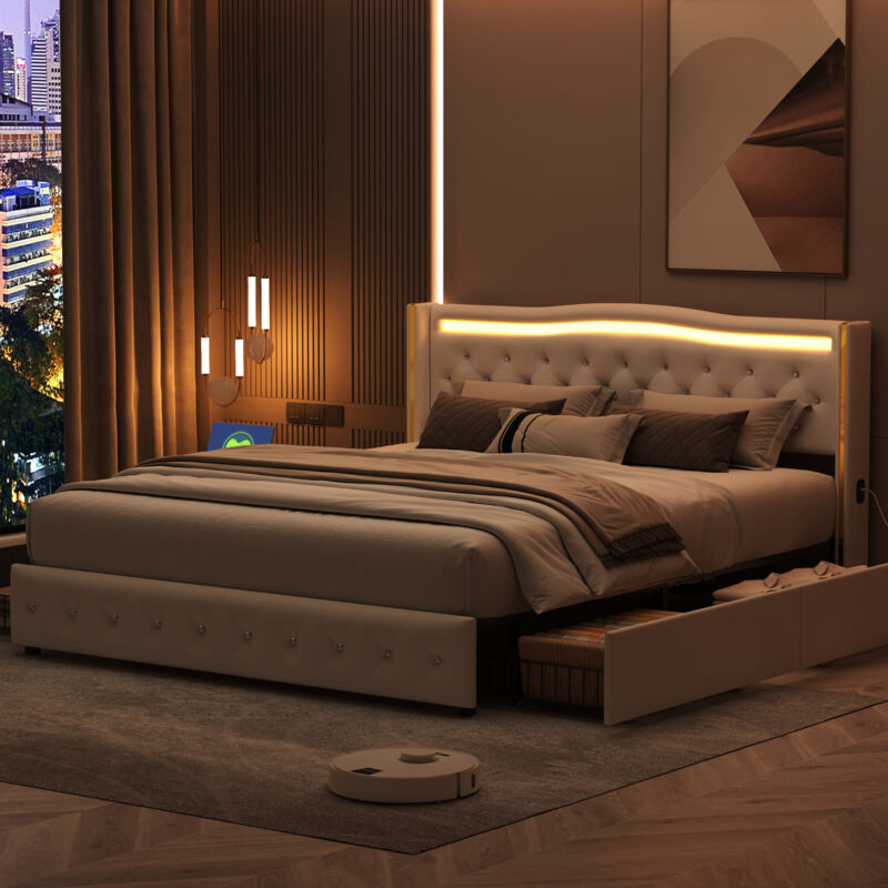 Lit tiroir avec led, Lit double 160x200 cm, Lit rembourré avec 4 tiroirs, Lit adulte capitonné avec 4 ports de charge,sommier à lattes, adapté aux