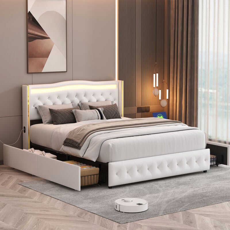 Lit tiroir avec led, Lit 140x200 cm, Lit rembourré avec 4 tiroirs, Lit double capitonné avec 4 ports de charge,sommier à lattes, adapté aux adultes