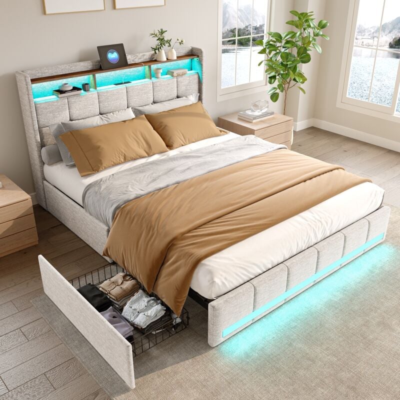 Lit tiroir double 140x200cm avec tête de lit éclairée led, 4 tiroirs et 2 ports de recharge usb, sommier à lattes, lit adulte scandinave, lin, Beige