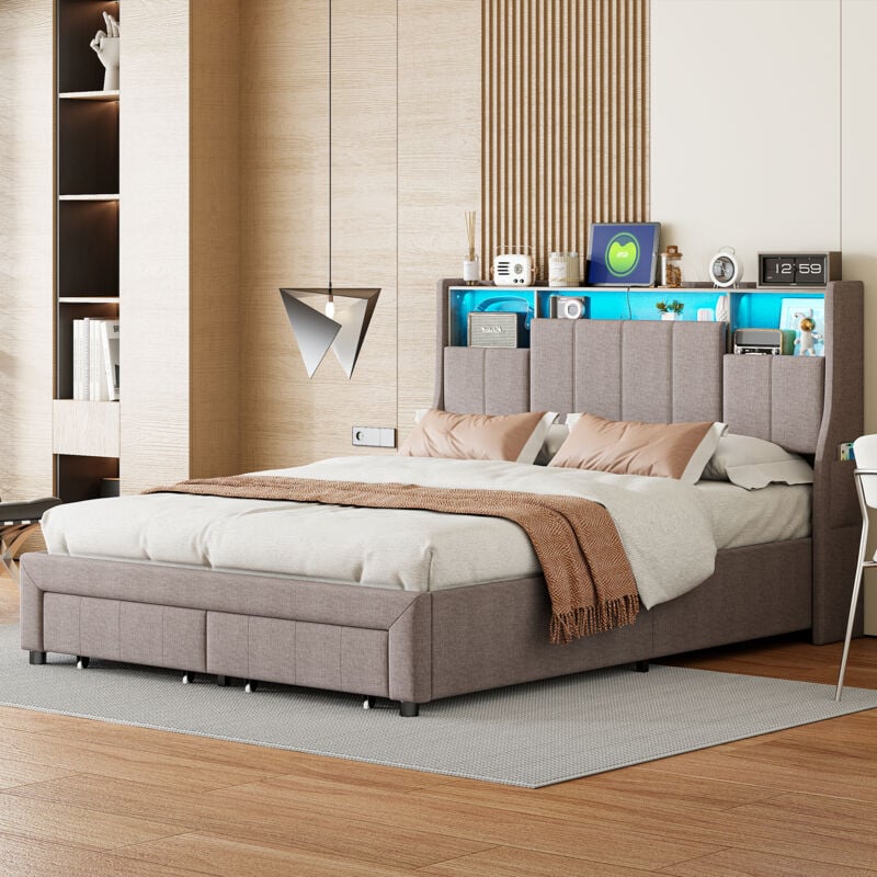 Lit tiroirs avec led réglable, lit 140x200 avec 4 tiroirs, lit adulte 140x200 cm, lit capitonne avec sommier à lattes,USB port de charge, tête de lit
