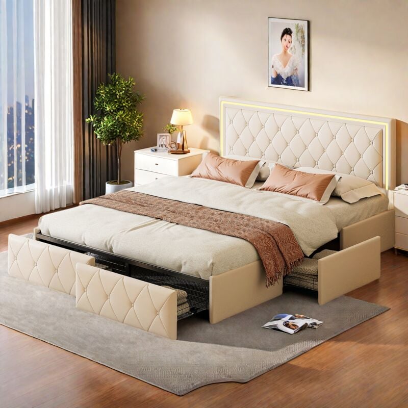 Lit double avec tiroirs 160x200 cm, lit capitonné avec 4 tiroirs, tête de lit rivetée avec éclairage led, sommier à lattes, simili cuir, lit adulte