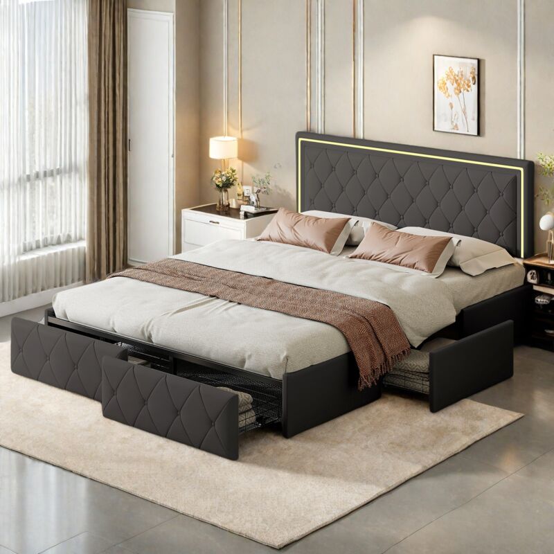 Lit double avec tiroirs 140x200 cm, lit capitonné avec 4 tiroirs, tête de lit rivetée avec éclairage led, sommier à lattes, simili cuir, lit adulte
