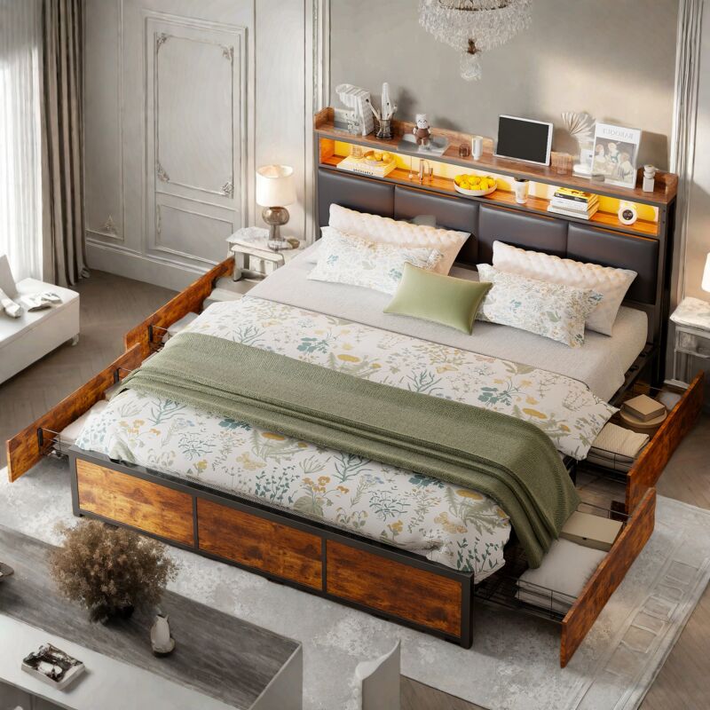 Lit avec tiroirs 160x200cm - avec 4 tiroirs, tête de lit avec éclairage LED, sommier en métal, lit adulte style industriel, simili cuir - Noir