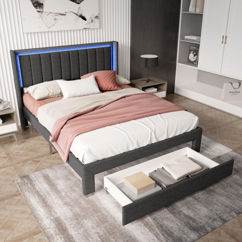 Lit double 180x200 cm, avec éclairage led, 1 tiroirs et tête de lit, cadre de lit, lit adultes style Scandinave, Gris foncé