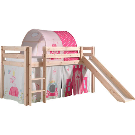 Lit toboggan 90x200 avec tente et tunnel princesse pin massif clair Pino