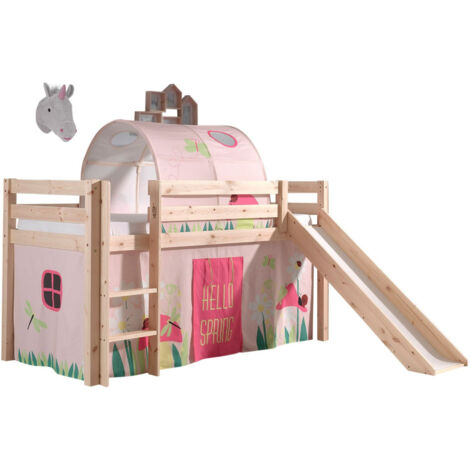 Lit toboggan 90x200 avec tente et tunnel printemps pin massif clair Pino
