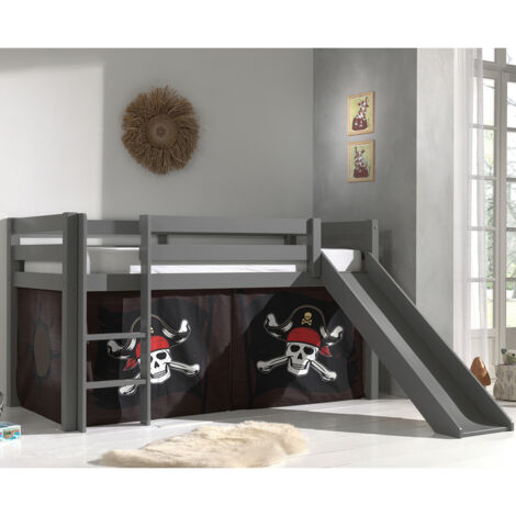 Lit toboggan 90x200 avec tente pirate marron pin massif gris Pino