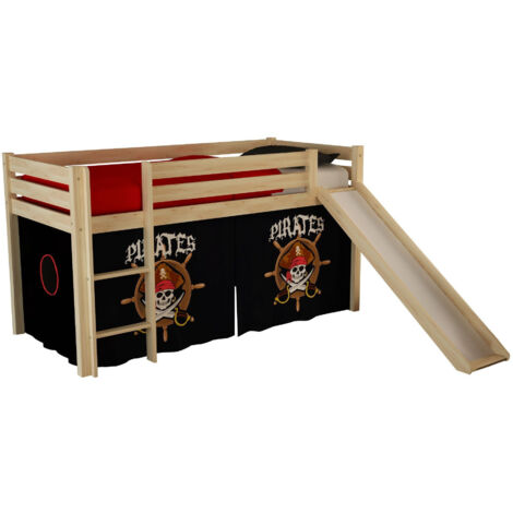 Lit toboggan 90x200 avec tente pirate noir pin massif clair Pino