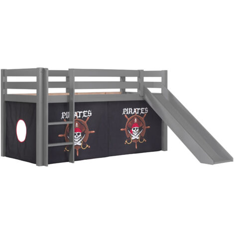 Lit toboggan 90x200 avec tente pirate noir pin massif gris Pino