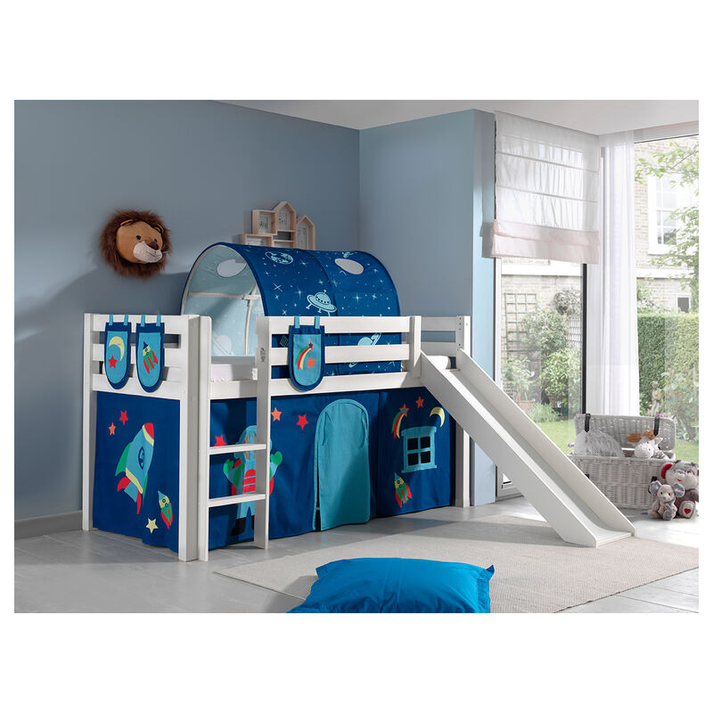 Les Tendances - Lit Mi-Hauteur 90x200 avec Toboggan Sommier Inclus et Housse Astro Vipack Pino - Blanc