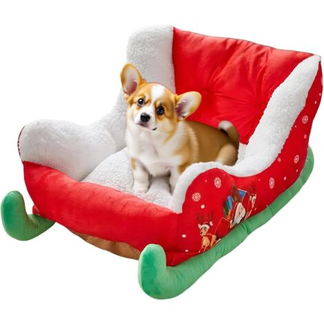 Lit Traîneau de Noël pour Chien/Chat 68x38 cm - Décoration Peluche Père Noël, Coussin Amovible, Salon Vacances (Petits Animaux)