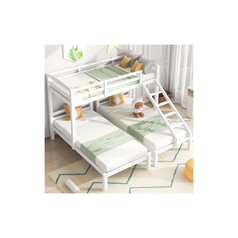 Lit triplé, lit enfant superposé triple avec échelle latérale pour enfants et adolescents, blanc (90x200cm)