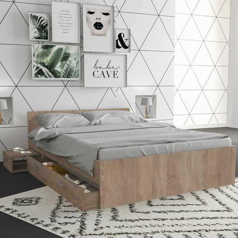 Lit twist 140x190+ 1 chevet + 1 tiroir / Décor Chêne Blanchi/ 194x144x65 cm