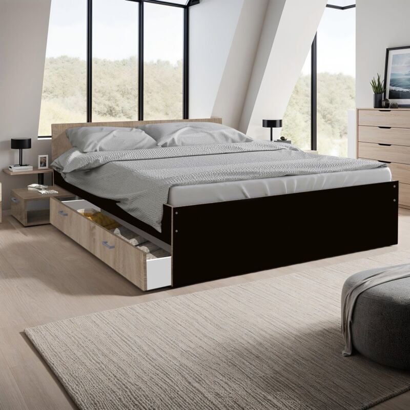 Le Quai Des Affaires - Lit twist 140x190+ 1 chevet + 1 tiroir / Décor Noir et chêne blanchi/ 194x144x65 cm