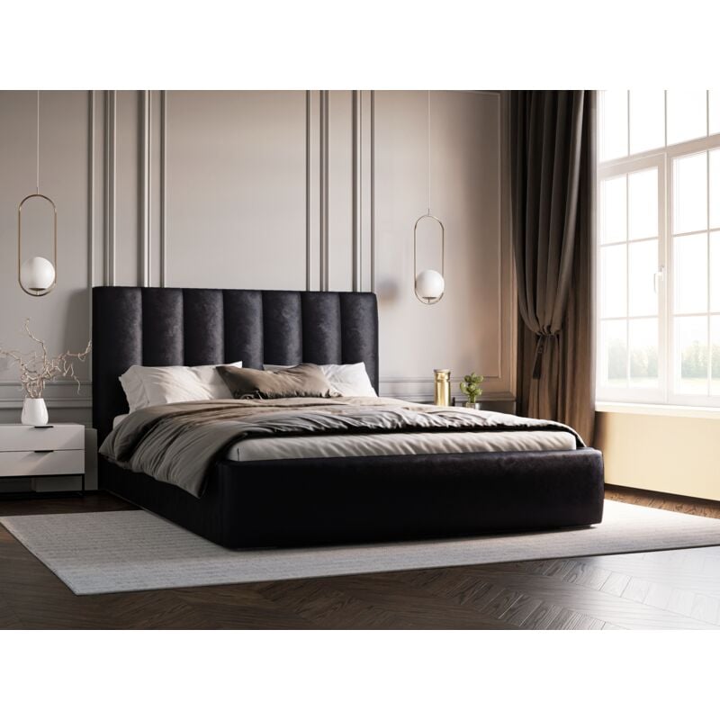 Emporius - Velor Lit rembourré 180x200 cm - Lit avec rangement & sommier à lattes, Tissu Velvet Noir (Ikoo 22)