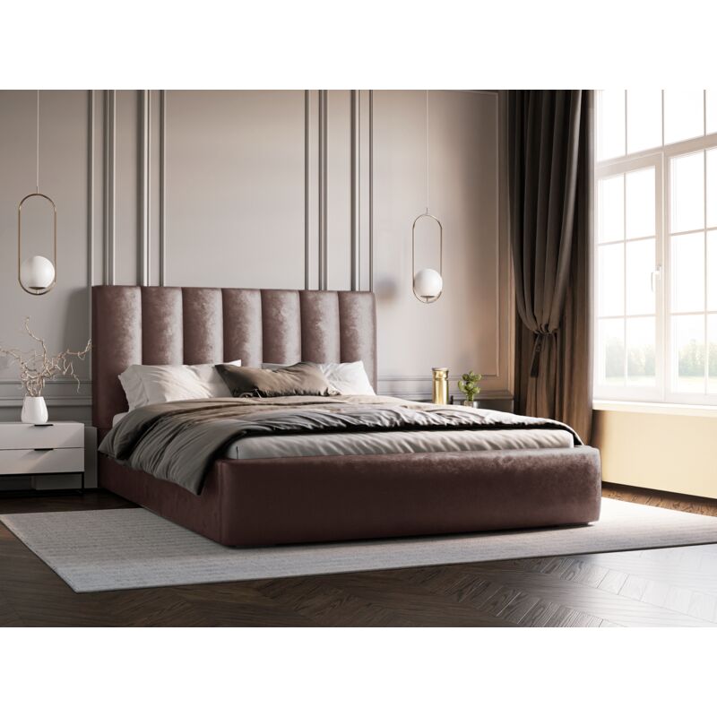 Velor Lit rembourré 160x200 cm - Lit avec rangement & sommier à lattes, Tissu Velvet Marron (Ikoo 05)
