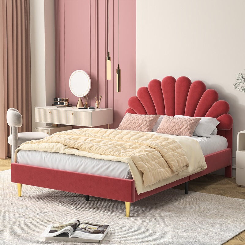 Sureh - Lit Velours 140 x 200 cm, lit Double avec tête de lit à pétales et sommier à Lattes, sans Matelas, pour Adultes et Adolescents