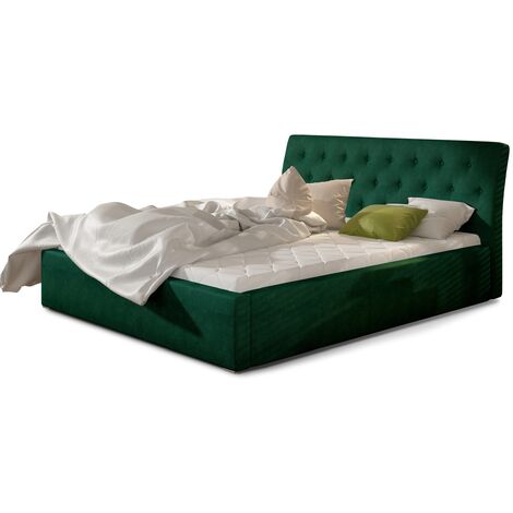 Lit velours capitonné Venizia-Vert épinard-140x200-Version avec sommier