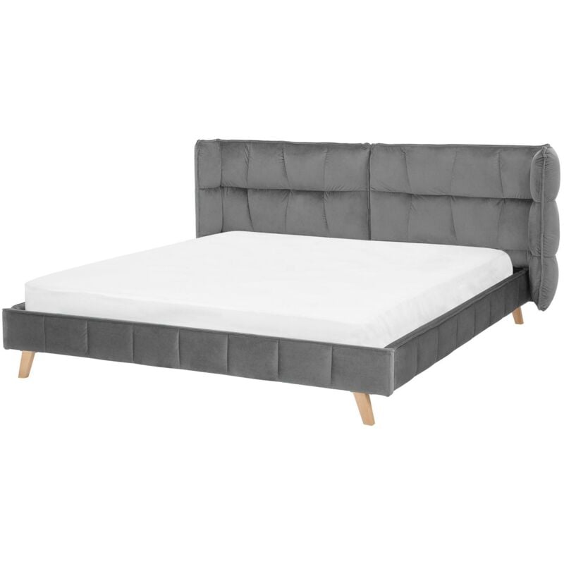 Beliani - Lit Double en Velours Gris 180 x 200 cm Confortable avec Haute Tête de Lit Rembourrée pour Chambre au Style Scandinave ou Traditionnel