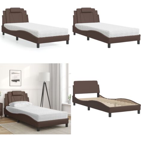 Lit Viana avec matelas marron 80x200 cm similicuir - Matelas en mousse - Coussin de tête de lit