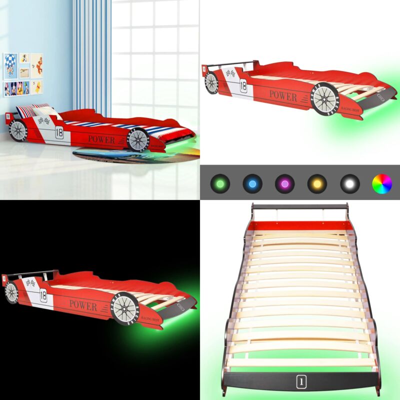 Lit voiture de course pour enfants avec led 90 x 200 cm Rouge - Lit Enfant - Lit Bébé - Lit Voiture De Course - Lumière Led - Décoration Chambre