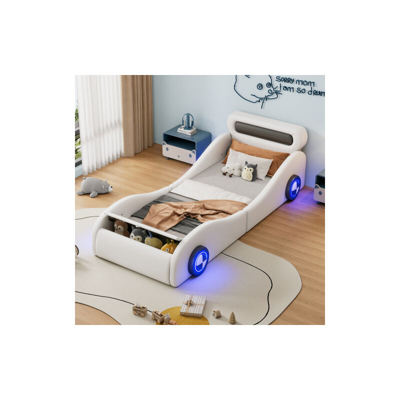 Wishdor - Lit voiture Lit enfant 90x200 cm avec rangement et roulettes éclairées, forme voiture, sans matelas, blanc