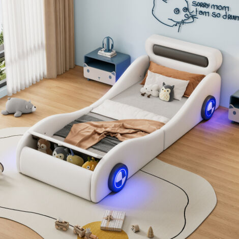 Lit voiture Lit enfant 90x200 cm avec rangement et roulettes éclairées, forme voiture, sans matelas, blanc