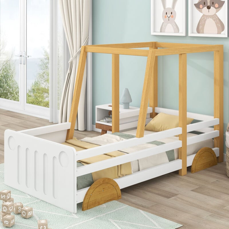 Okwish - Lit enfant 90x200cm en forme de voiture avec roulettes en mdf, cadre en pin, couleur blanc + naturel, sans matelas